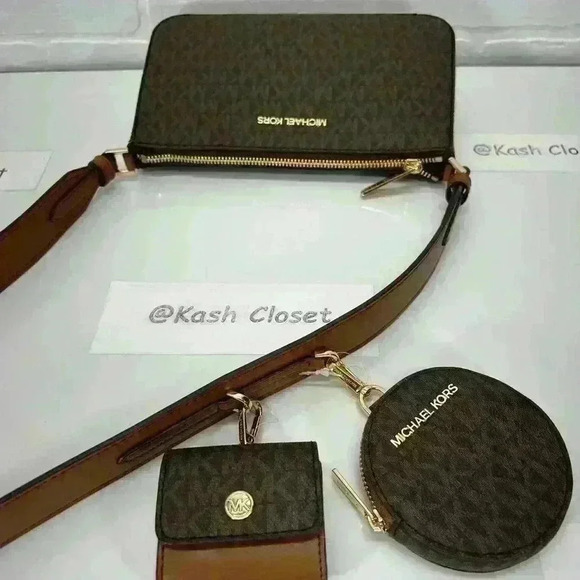 Michael Kors Crossbody Tech Attach Small Jet Set Travel MK Signature Brown - Picture 8 of 12